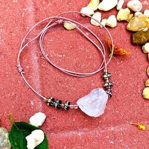 Handmade Rough Clear Quartz Leather Crystal Rondel Adjustable Necklace
